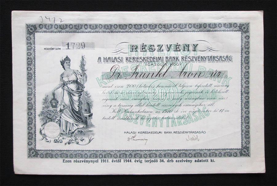 Halasi Bank Rt r�szv�ny 10 peng� 1926 - Kiskunhalas
